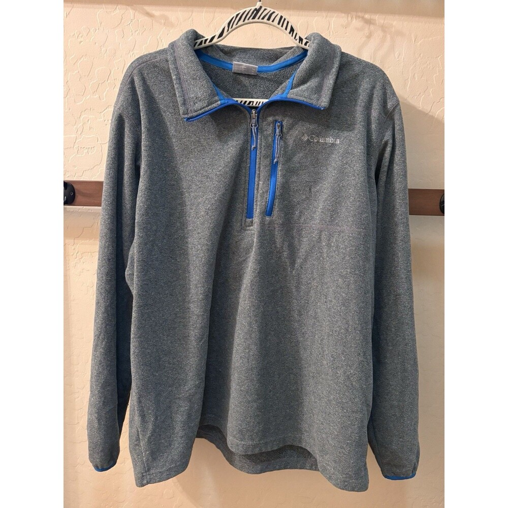 Columbia Mens XL Gray Fleece Pullover 1/4 Zip Blue Trim Chest Pocket Outdoor